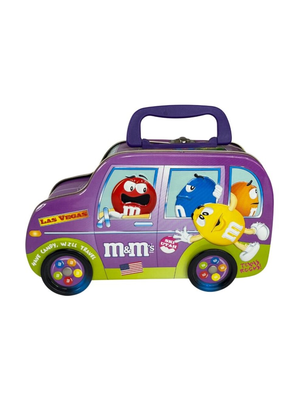 M&Ms 2002 Tin Lunchbox Bus Shaped Purple‎ Handle Latch Vintage